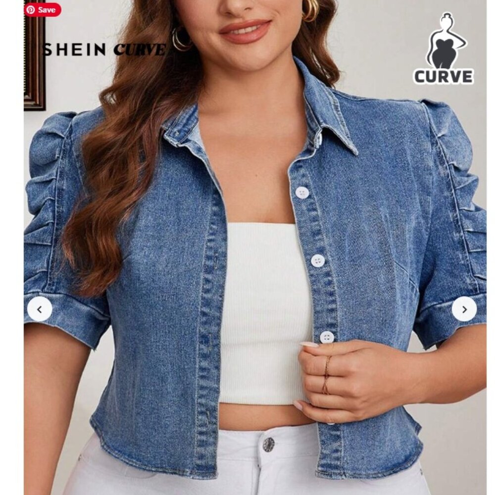 Women's Short Puff Sleeve Single Breasted Casual Denim Jacket